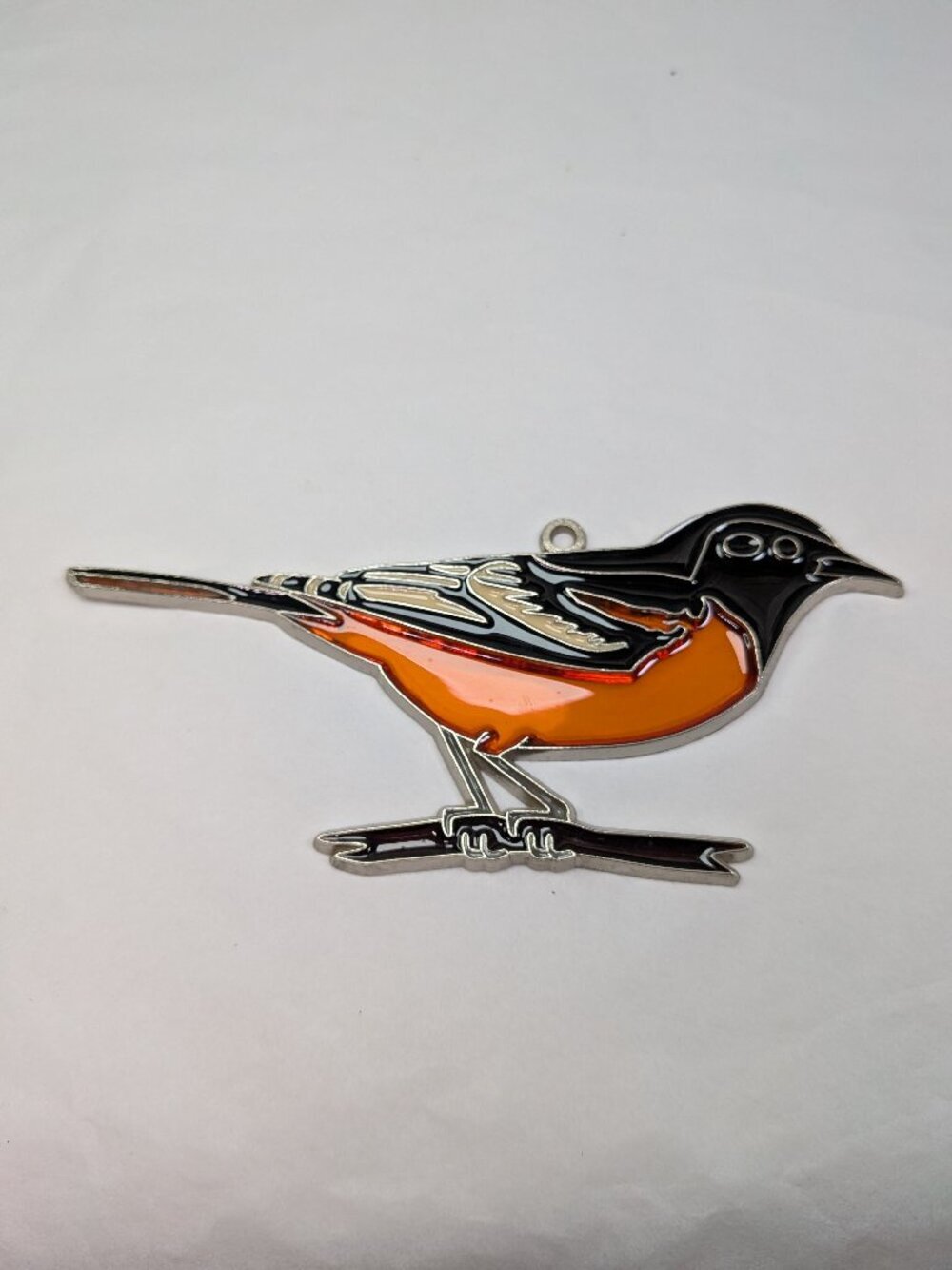 Vintage Baltimore Oriole Bird Metal Enamel Sun Catcher Ornament Orange Black